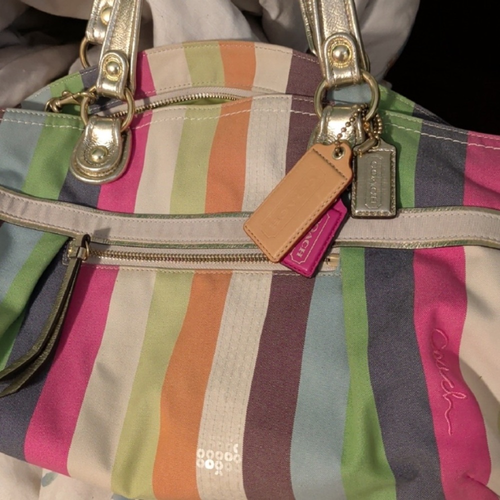 Coach Multicolor Striped Tote with Gold Hardware